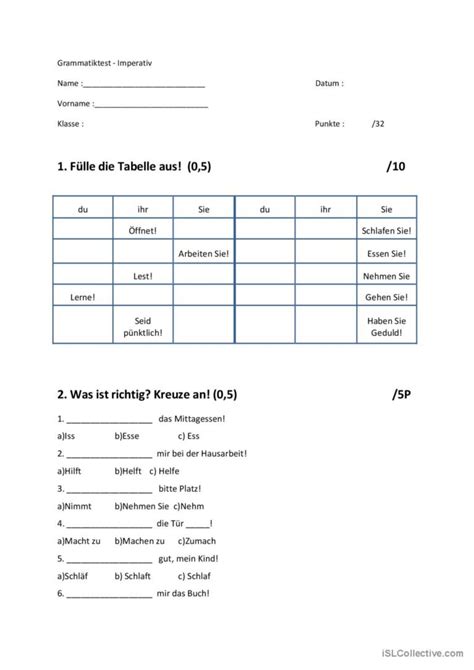 Imperativ Test allgemein Deutsch DAF Arbeitsblätter pdf doc