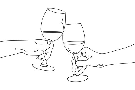 Continuous Single Line Drawing Of Glasses Of With Drink People Clink