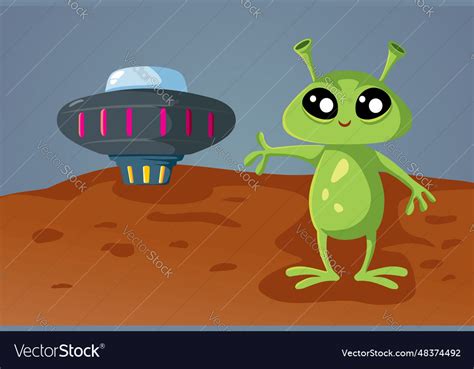 Funny alien in front of a ufo spaceship cartoon Vector Image