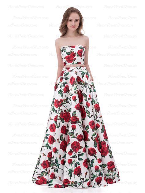 Two Piece Prom Dresses A-line Floor-length Floral Print Sexy Prom Dres