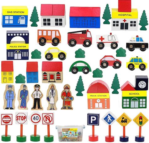 On Track USA Wooden Train Set Accessories, Modern City Town 50 Piece ...