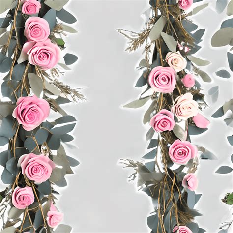 Eucalyptus And Willow Leaf Garland With Pink Rose Flowers Seamless