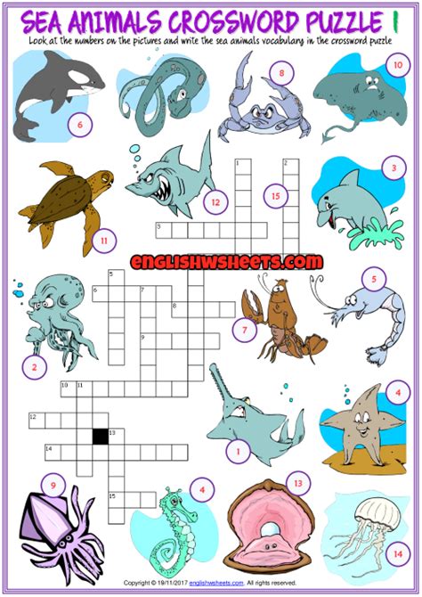 Sea Animals Crossword Puzzle Esl Printable Worksheets Sea Animals