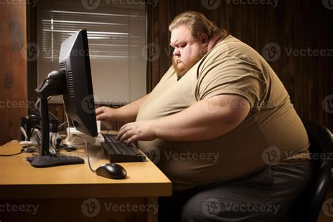 AI generated Fat man computer night work. Generate Ai 39547133 Stock