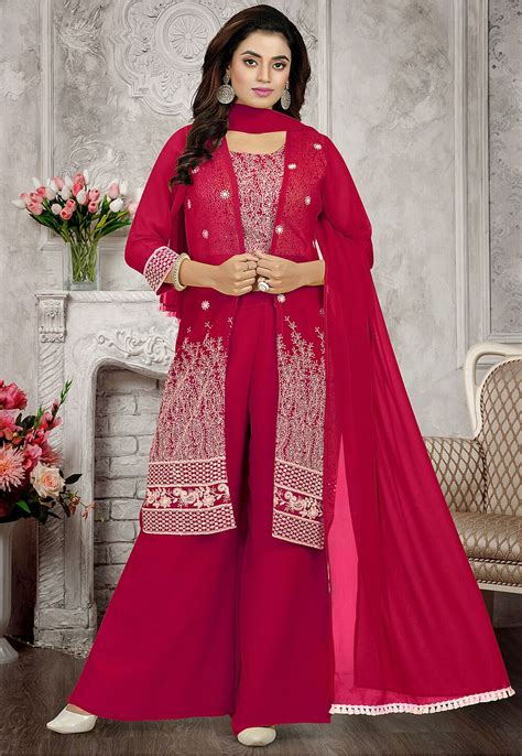 Embroidered Georgette Crop Top Jacket And Palazzo Set In Fuchsia Tnh154