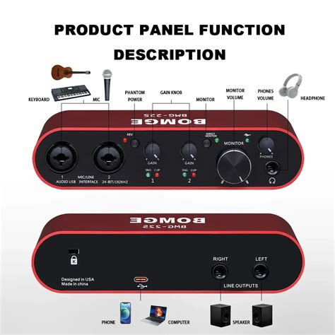 Bomge 22s Usb Audio Interface Solo Red With Xlr 48v Phantom Power 24bit 192khz High Fidelity