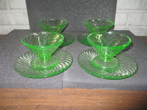 Uranium Federal Green Depression Swirl Sherbet Glass Cup Set Of 4 Vaseline Vtg Antique Price