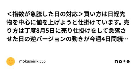 ＜指数が急騰した日の対応＞買い方は日経先物を中心に値を上げようと仕掛けています。売り方は丁度8月5日に売り仕掛けをして急落させた日の逆