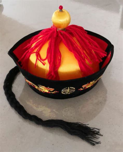 Oriental Chinese Dragon Long Ponytail Emperor Hat Men Chinaman Qing