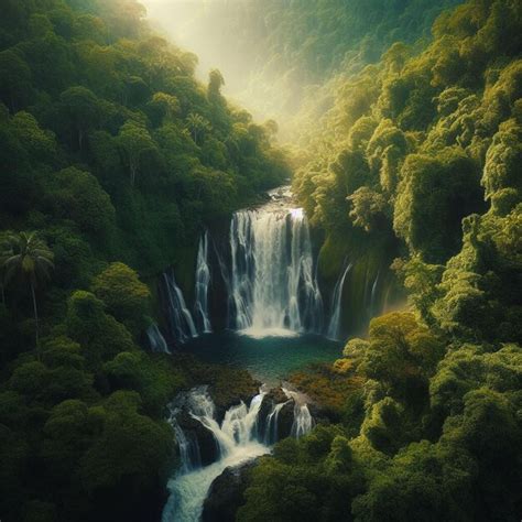 Premium Photo Beautiful Waterfall In Green Forest Top View Tropical