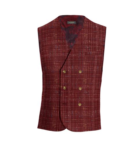 Burgundy Plaid Tweed Double Breasted Waistcoat With Brass Buttons