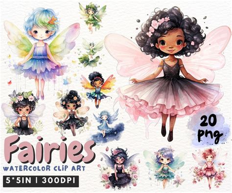 Watercolor Fairies Clipart Cute Cartoon Fairy Fantasy With Etsy