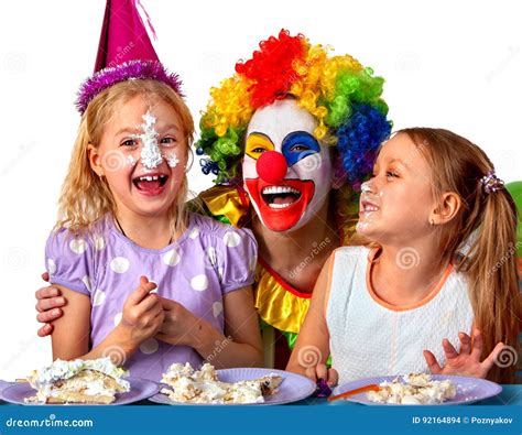 Birthday Child Clown Eating Cake with Boy Together. Kid with Messy Face ...