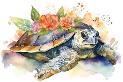 Ilustración de pintura de acuarela de tortuga en flores sobre fondo