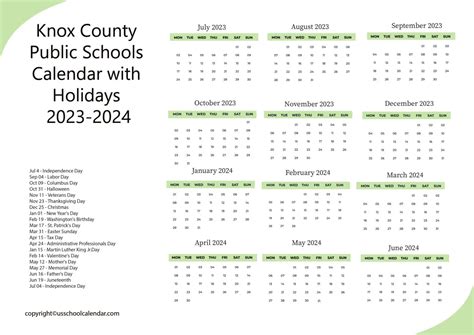 Knox County Public Schools Calendar with Holidays 2023-2024