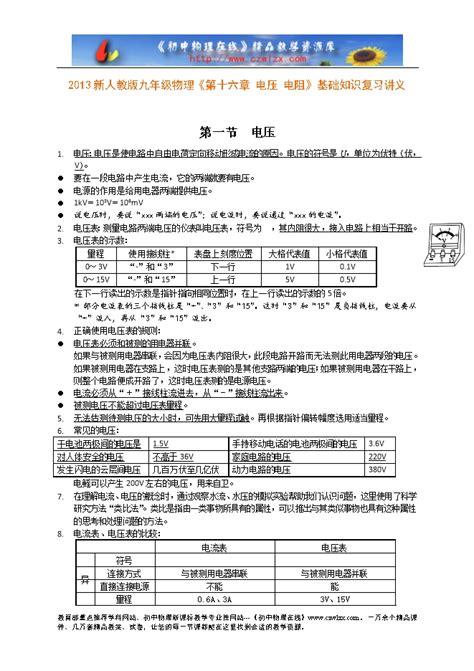 2013新人教版九年级物理《第十六章 电压 电阻》基础知识复习讲义 教案中心 初中物理在线