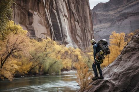 Person Rock Climbing With The View Of Towering Cliffs And Rushing