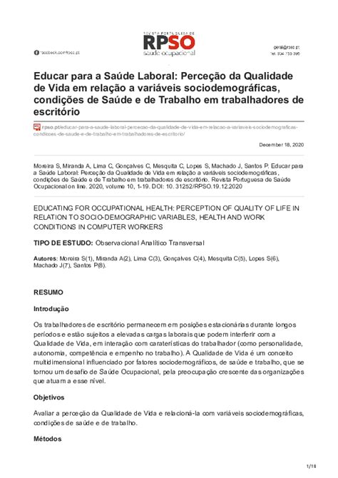 Pdf Educar Para A Saúde Laboral Perceção Da Qualidade De Vida Em