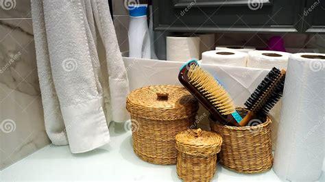 Bamboo Baskets Toilet Papers Hairbrushes Detergents And Towels