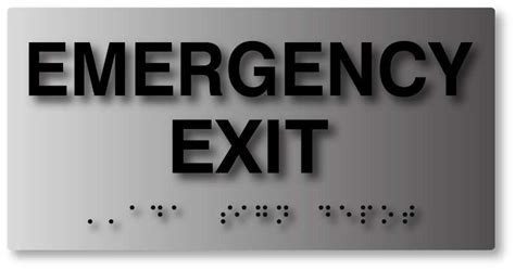 Emergency Exit Sign With Braille In Brushed Aluminum Ada Sign Depot