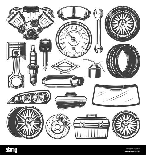 Auto Spare Parts And Instruments Sketch For Car Mechanics Vector Set