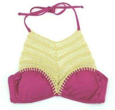 The Bikini Lab Womens Halter Crochet High Neck Bikini Swim Top Medium