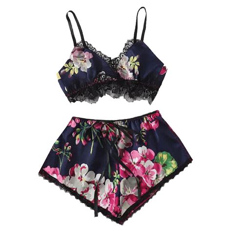 Womens Sexy Lace Trim Sleepwear Set Floral Print Cami Shorts Pajama