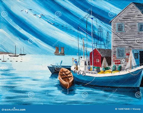 Fisherman Boats And Shacks In Harbor Oil Painting Stock Illustration