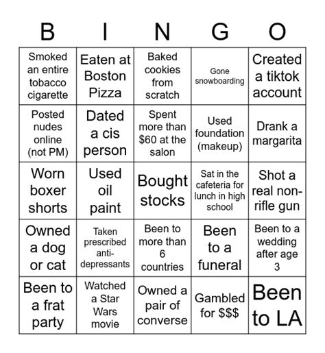 Never Have I Ever Bingo Card