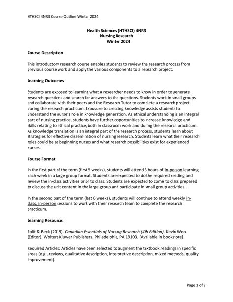 Hthsci 4NR3 Course Outline Winter 2024 Health Sciences HTHSCI 4NR