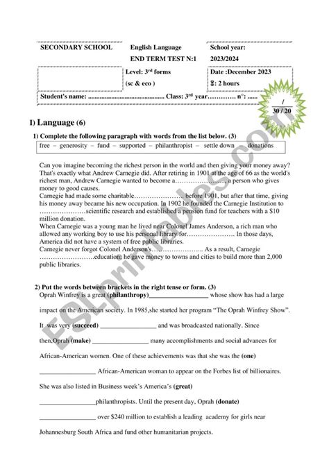 Third Form End Term Test N Esl Worksheet By Madamboutheina