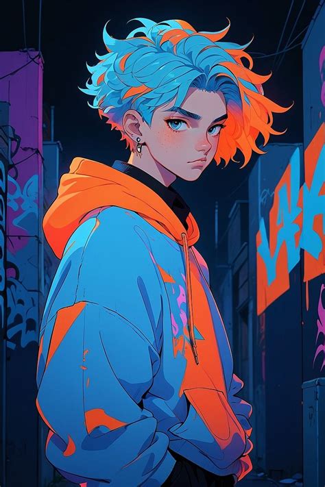 Boy Shines in Neon Orange Hoodie, Blue Spike Hair, Graffiti Wall in ...