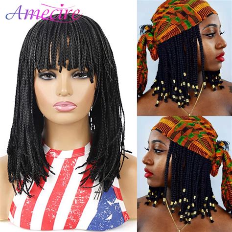 Perruque Synthétique Tressée avec Frange pour Femme Noire Cheveux