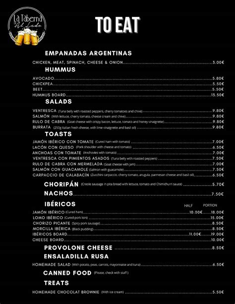 Menu at La Taberna de Al Lado Lavapiés pub bar Madrid