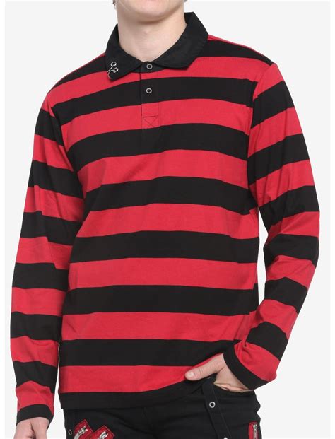 Black & Red Stripe O-Ring Long-Sleeve Polo Shirt | Hot Topic