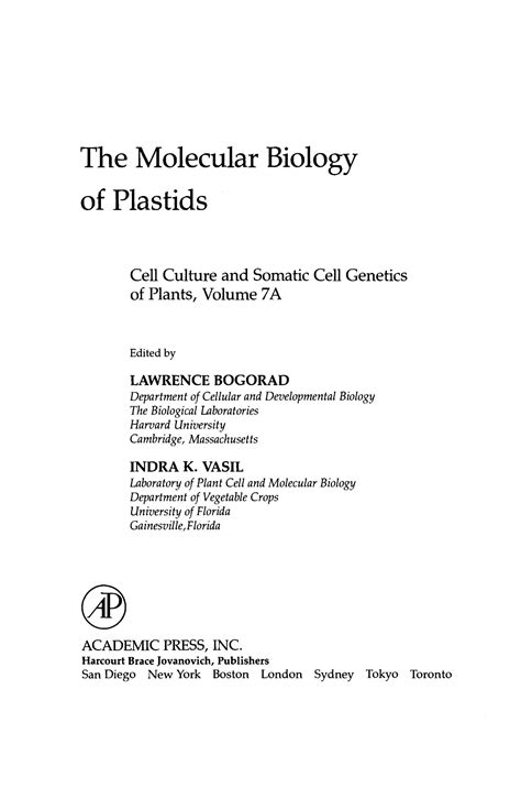 The Molecular Biology Of Plastids Cell Culture And Somatic Cellgenetics Of Plants Vol 7a V 7a 6