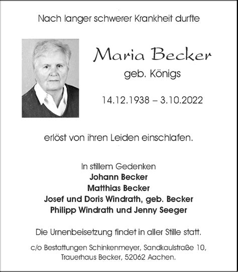 Traueranzeigen Von Maria Becker Aachen Gedenkt