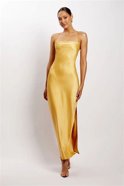 Sydney Straight Neck Slip Maxi Dress Yellow Meshki Uk Yellow Satin Dress Yellow Formal