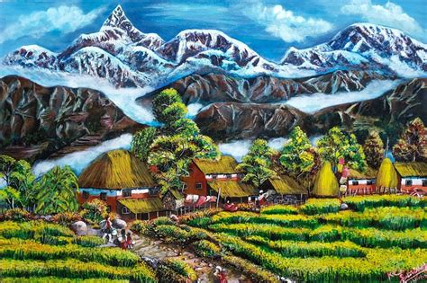 Village Near Pokhara Nepalese Acrylic Landscape Painting