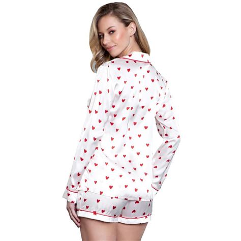 Satin Heart Print Pajama Set Long Sleeves Button Top Collar Sleep