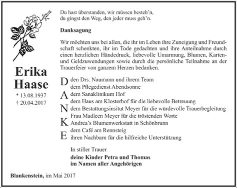 Traueranzeigen Von Erika Haase Trauer In Thueringen De