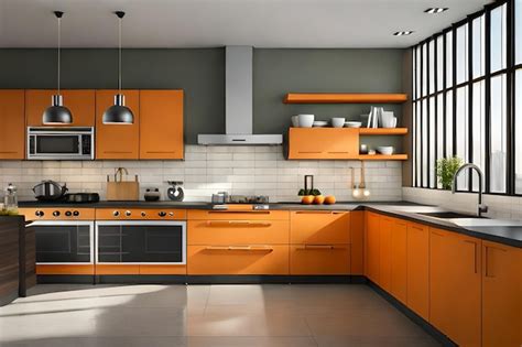 A Kitchen With Orange Cabinets And A Silver Stove And A Microwave