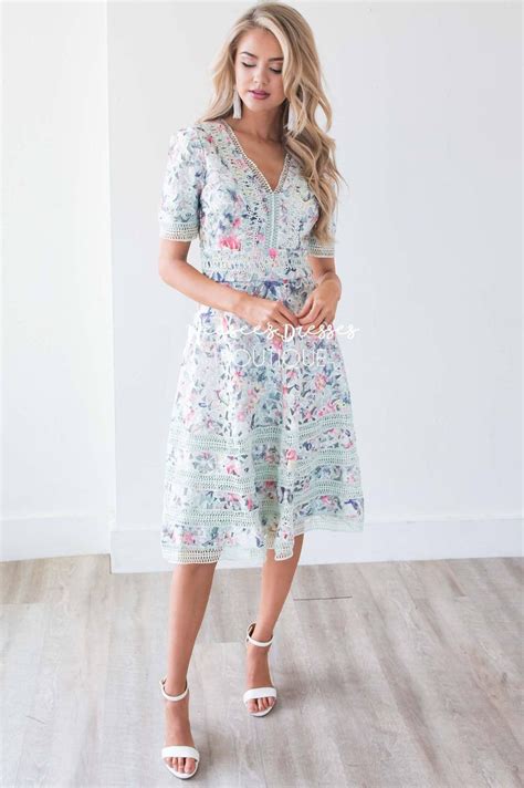 Soft Mint Pastel Floral Floral Lace Modest Church Dress Modest