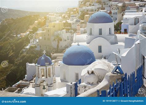 Famous Three Blue Domes In Oia Village Santorini Greece Stock Image