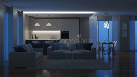 Modern House Interior Evening Lighting Night Stock Photo Image Of