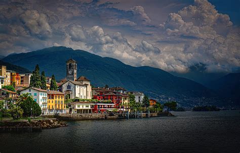 Wallpaper clouds, mountains, lake, building, home, Switzerland, Alps, Church, Switzerland, Alps ...