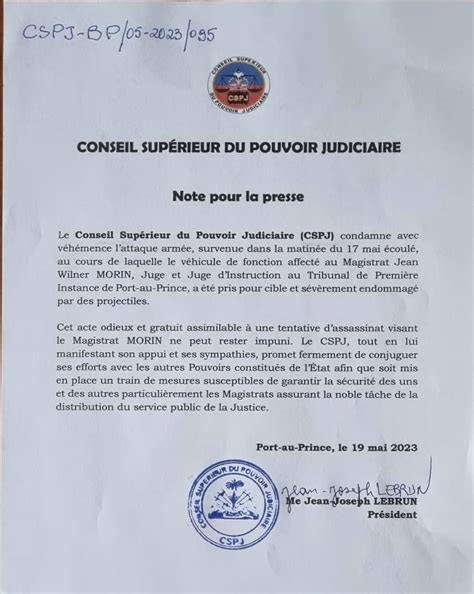 Haïti Le CSPJ condamne la tentative dassassinat du juge Jean Wilner