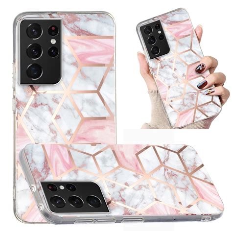 For Samsung Galaxy S21 Ultra 5G Electroplated Marble Pattern TPU Phone Case (White Gravel Pink ...