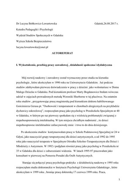 PDF AUTOREFERAT I Wykształcenie przebieg pracy zawodowej