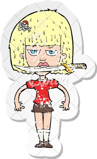 Retro Distressed Sticker Of A Cartoon Woman With Knife Between Teeth